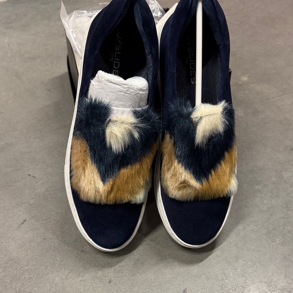 J/SLIDES Women's Blue and Brown Fur Sneakers